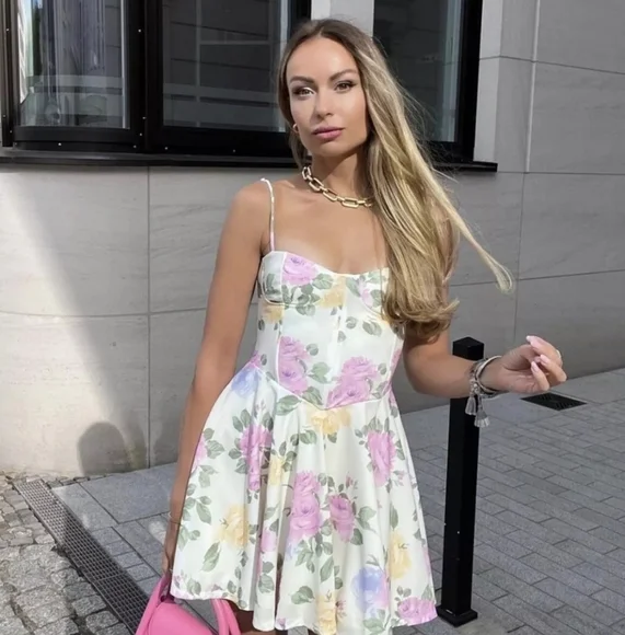 ZARA WOMAN SHORT STRAPPY FLORAL CORSETRY-INSPIRED DRESS SIZE XLARGE - Picture 6 of 11